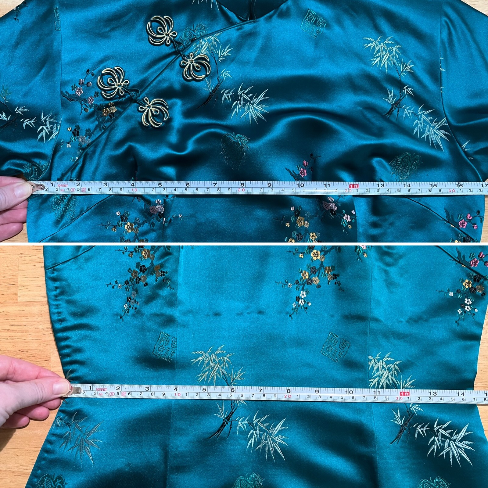 Vintage 1960’s Silk Blue Green Hue 60s Cheongsam Qipao Dress Floral Embroidery