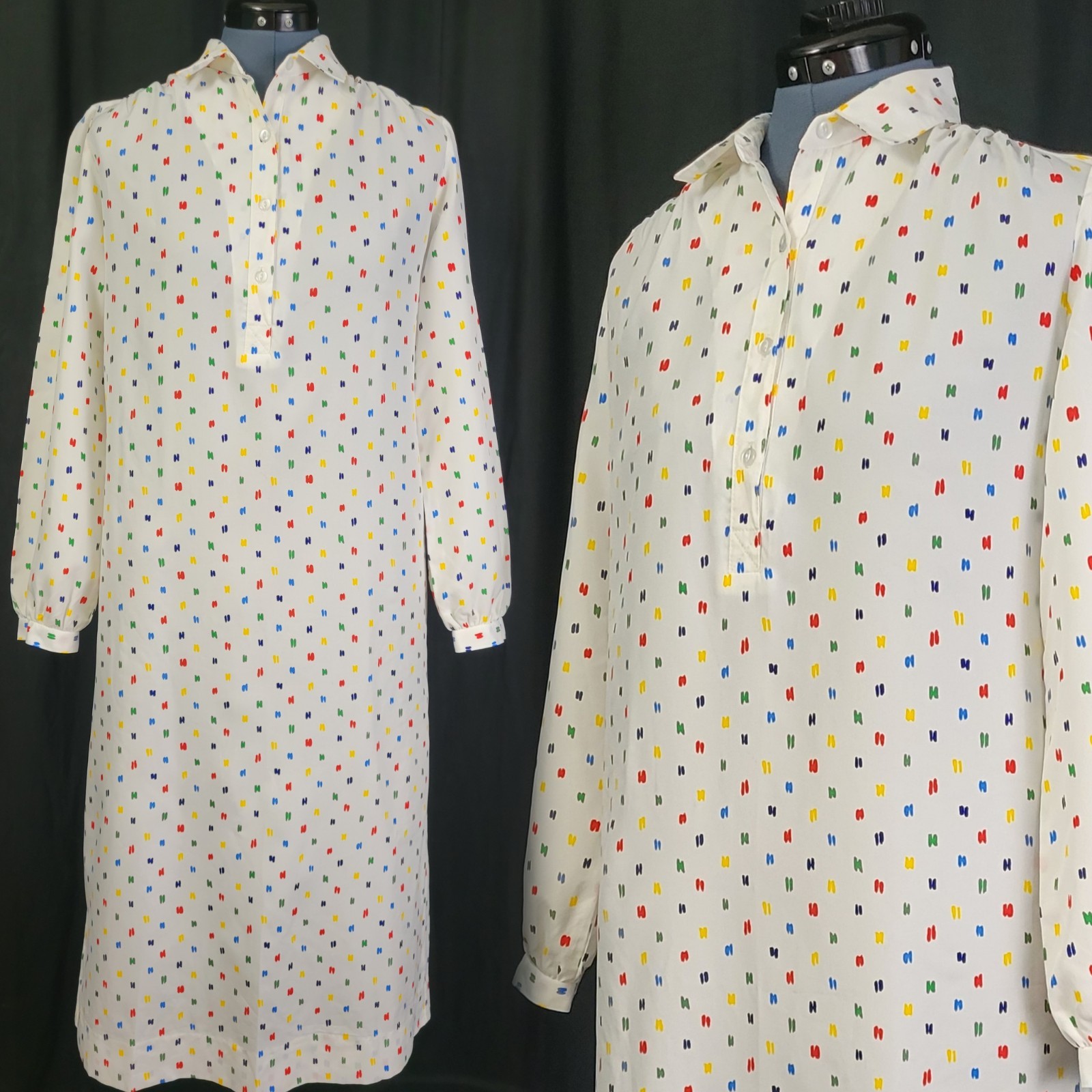 Vintage Wilroy Traveller White Shirt Dress w R/Y/G/B/P Pattern Size 10