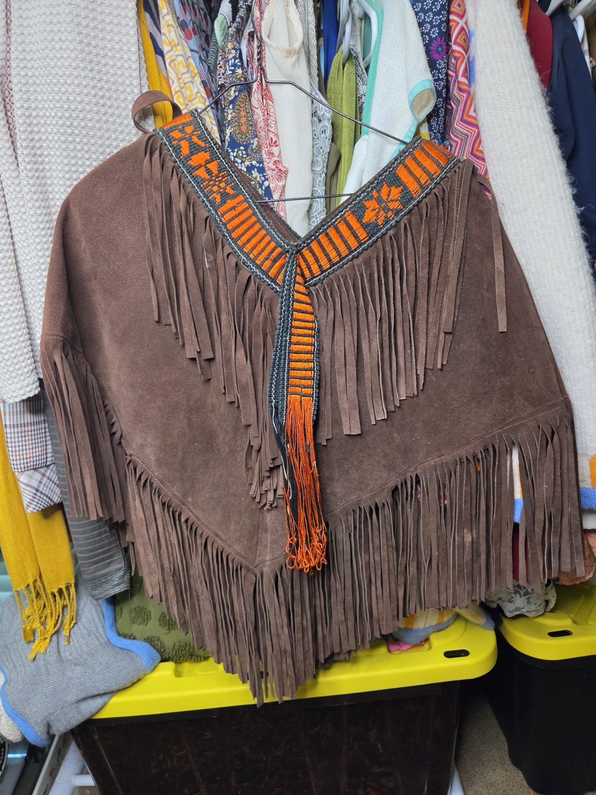 Vintage 1970s Leather Suede Ponch Brown W Fringe