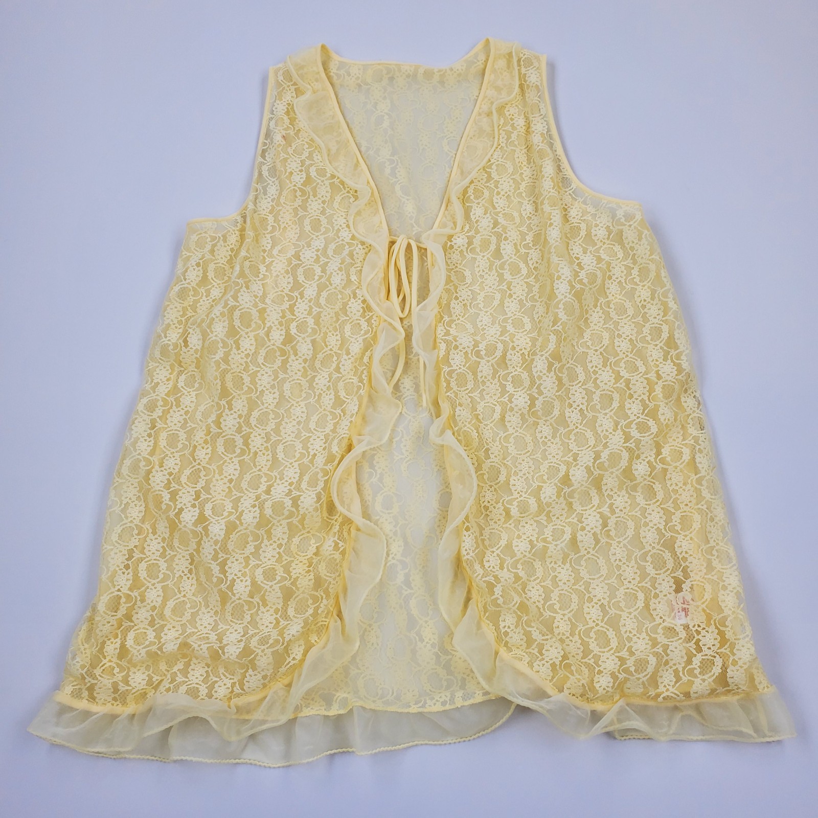 VTG 50s 60s Sears Roebuck Co Yellow Lace Chiffon Vest Peignoir Sheer Lingerie M