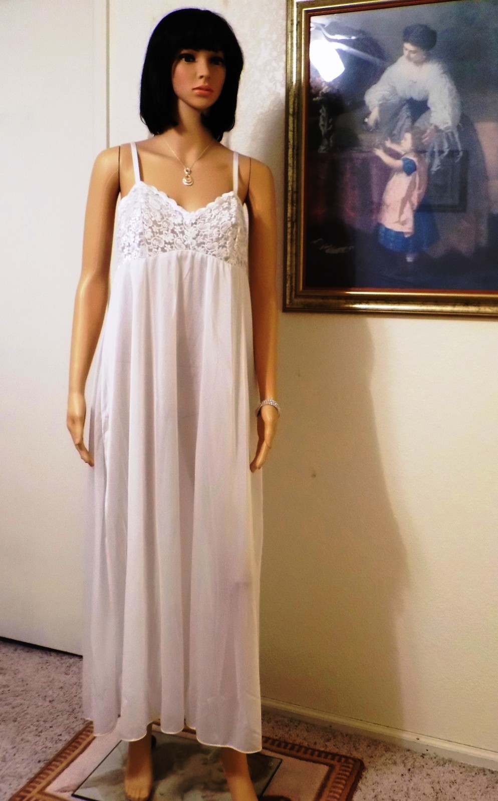 OLGA vintage WHITE FLORAL LACED BODICE Negligee style 92017 9 6 size 38 bust