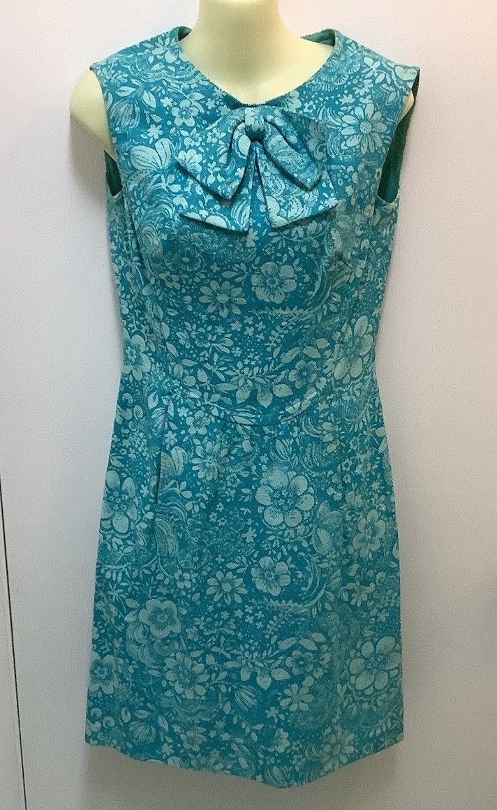 Vintage 1960s Aqua Floral Lined Sleeveless Sheath Dress Peck & Peck ILGWU Label