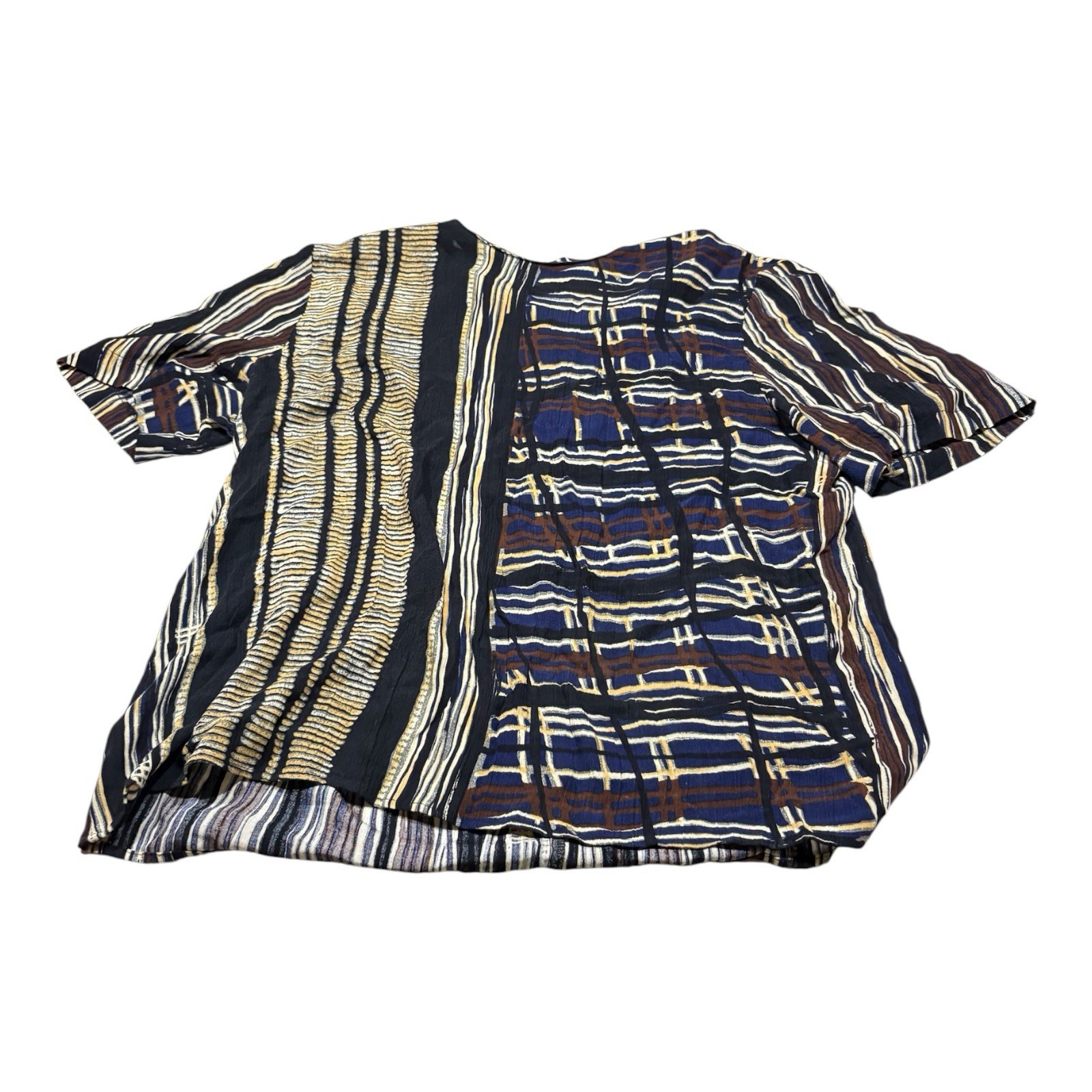 Vintage 90s Abstract Shirt Women’s 14 Cotton Linen Black Tan Blue