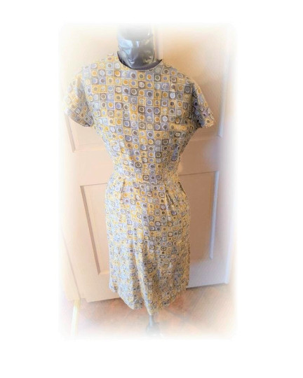 Dress 50s 60s short wiggle style house wife casual yellow gray brown patterned