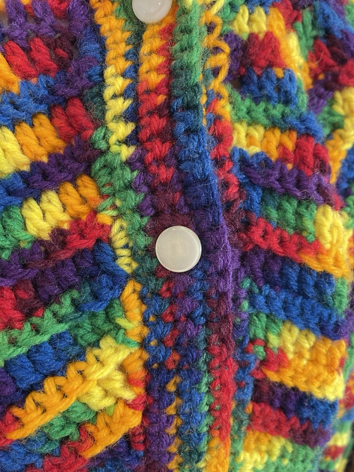 Vintage Handmade Crochet Poncho BOHO Fringe Button Up Festival Hippie OS Color