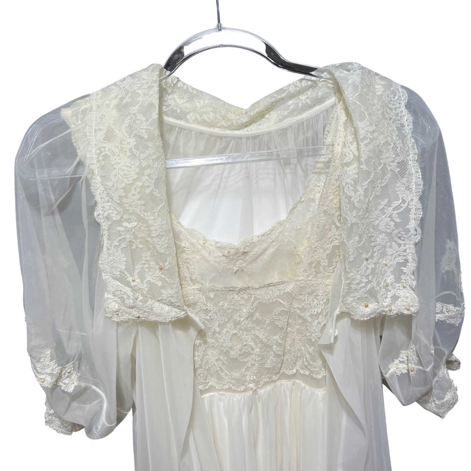 Vintage Ivory Lace Peignoir Set Bridal Nightgown and Sheer Robe Pearl Detail
