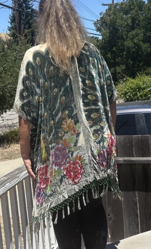 Kimono Duster Jacket Peacock Floral Velvet Beaded Burnout Coverup OS L/XL/1X/2X