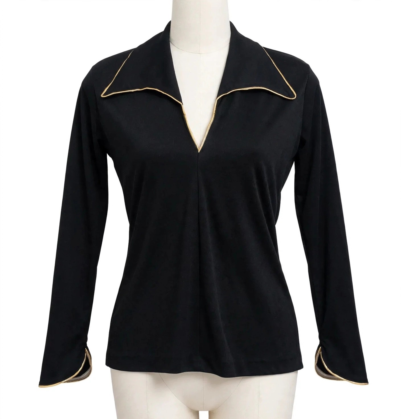 Vintage 70s Hot Traffic Julian Starr Black Disco Top Dagger Collar Gold Piping M