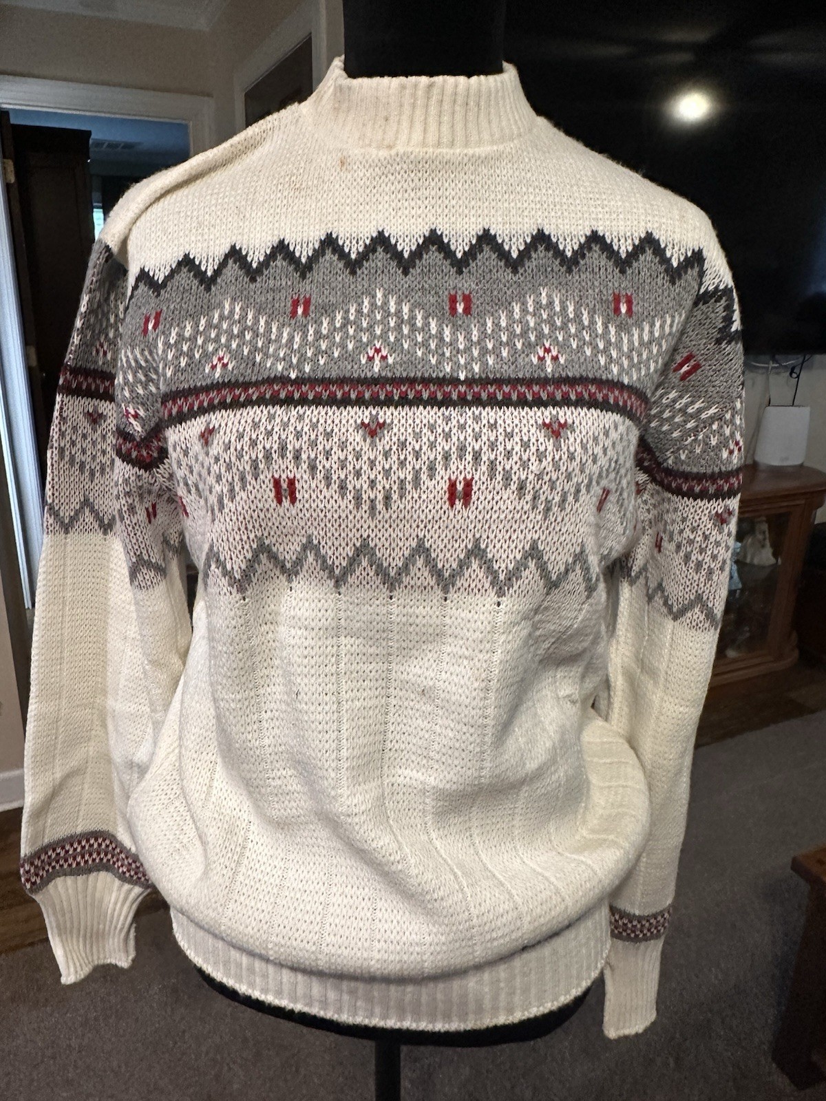 Vintage Puritan Fair Isle Ski Lift Mock Neck Cable Knit Pullover Sweater Men’s L