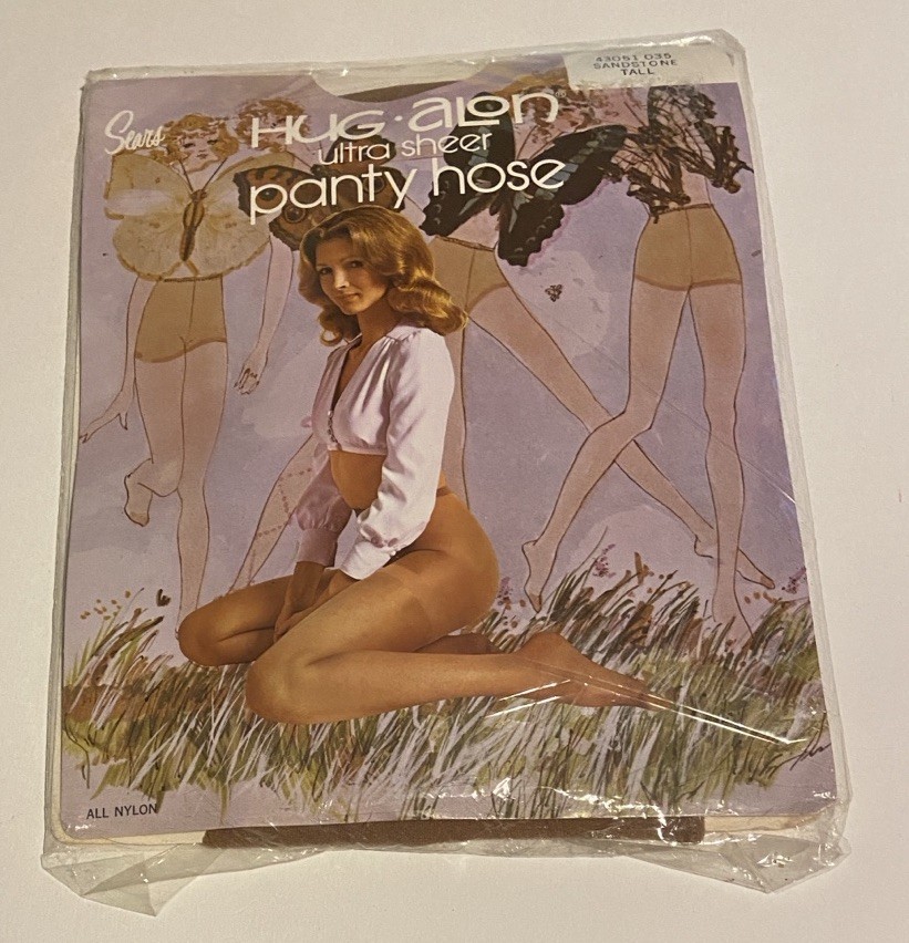 Vintage Pantyhose Sears Hug-alon Ultra Sheer Sandstone Nylons Size Tall NOS