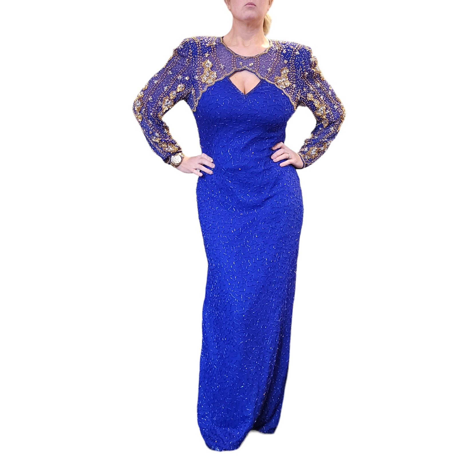 Vintage 80s Royal Blue Silk Beaded Sequins Long Gown Dress Medium 8 10