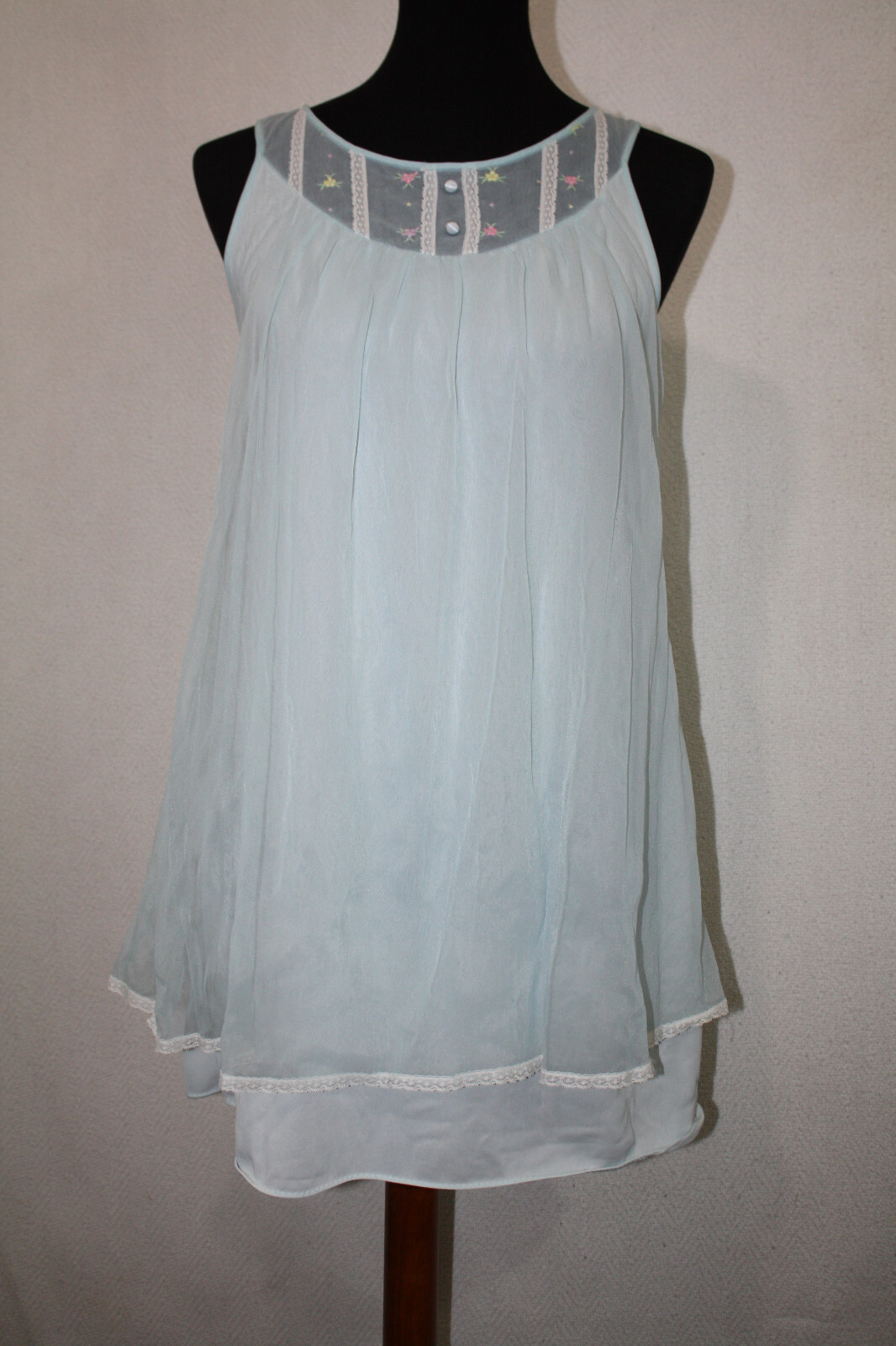 Vtg Miss Elaine Light Blue Baby Doll Lingerie Lace Trim Sleeveless Negligee XS