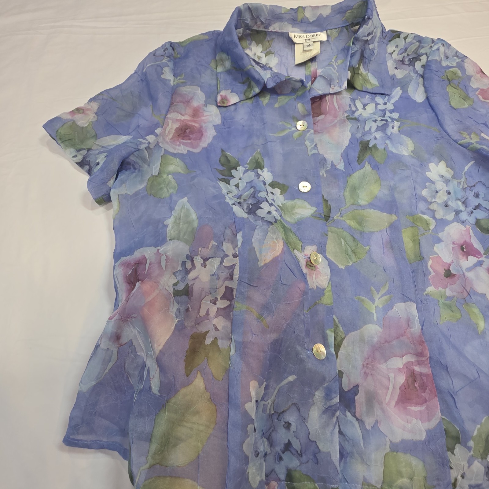 Miss Dorby Vtg Size 14 Floral Crinkle Button Up Fly Away Blouse Periwinkle Fairy