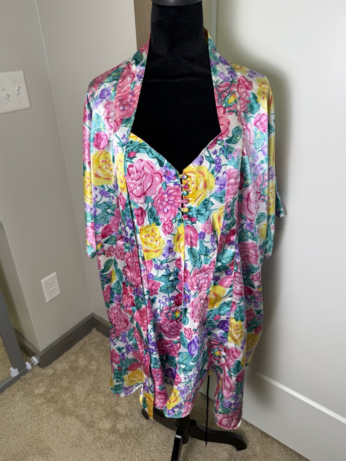 Vintage Sleep Solutions Glossy Satin Mini Dress Nightgown & Robe Set Floral M