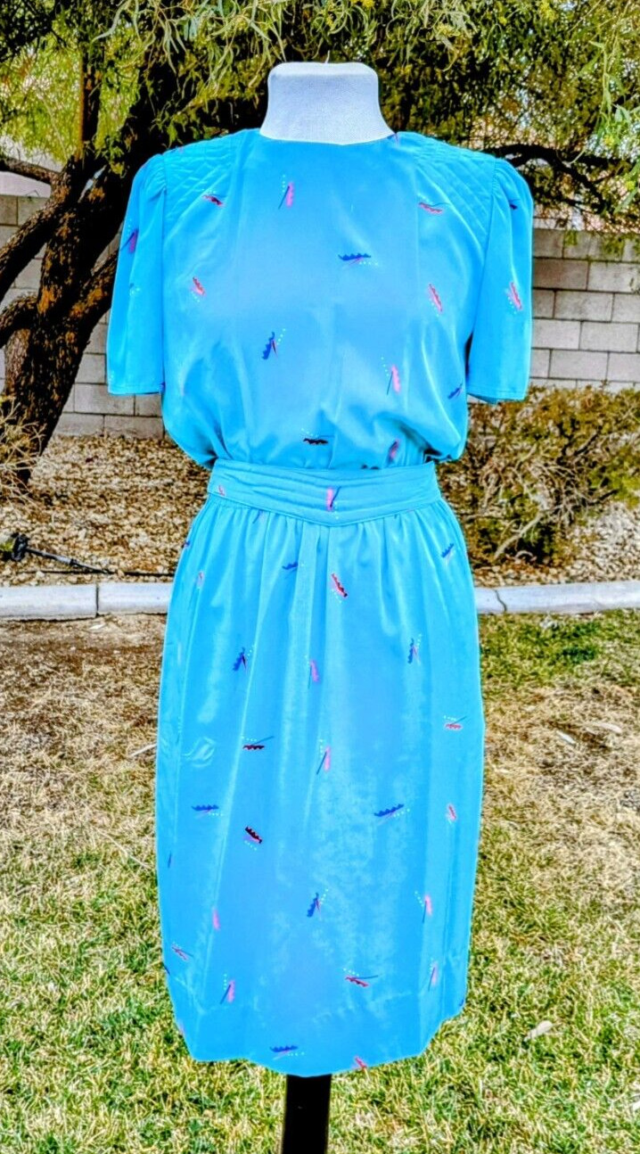 1980s VTG Petites for Maggy Sz4p Aqua Memphis Geometric Midi Korea Dress GUC