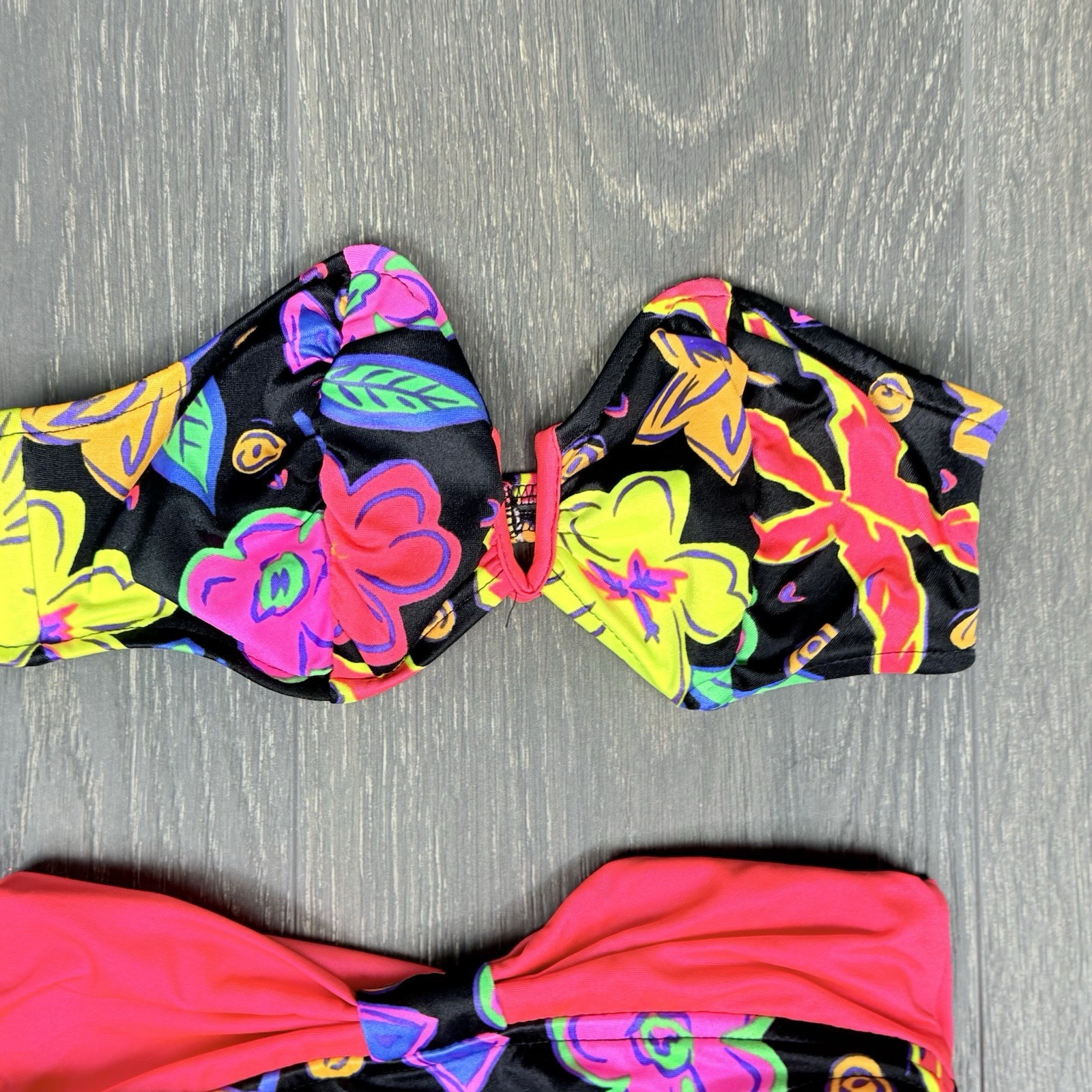 Vtg 90’s HOBIE Neon Notch Bandeau Bikini Top & Bottom Sz 5/6 Small MADE IN USA