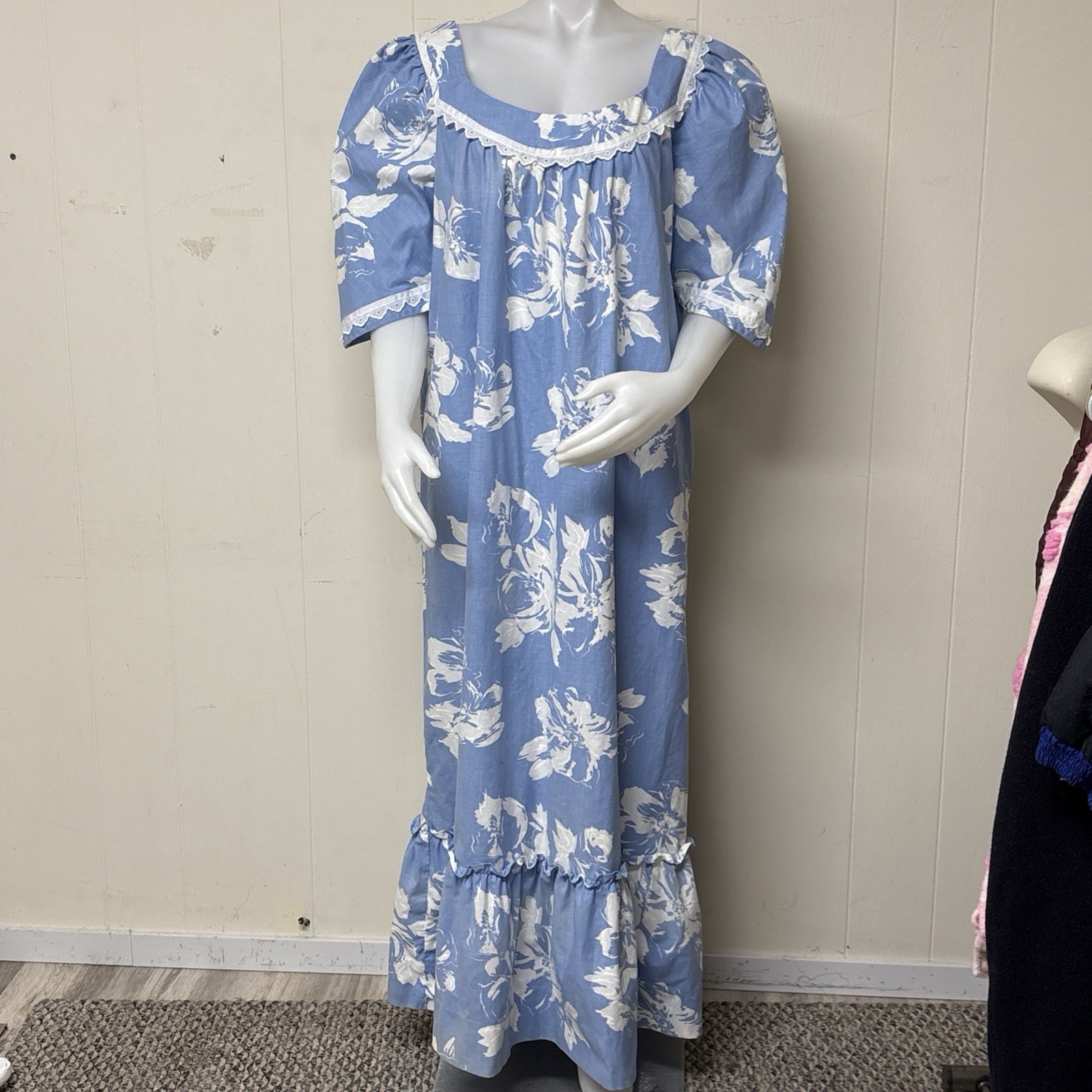 Vtg Jacqueline Hawaiian Dress Tiki Ruffle Mermaid Muumuu Womens Sz 20 Blue