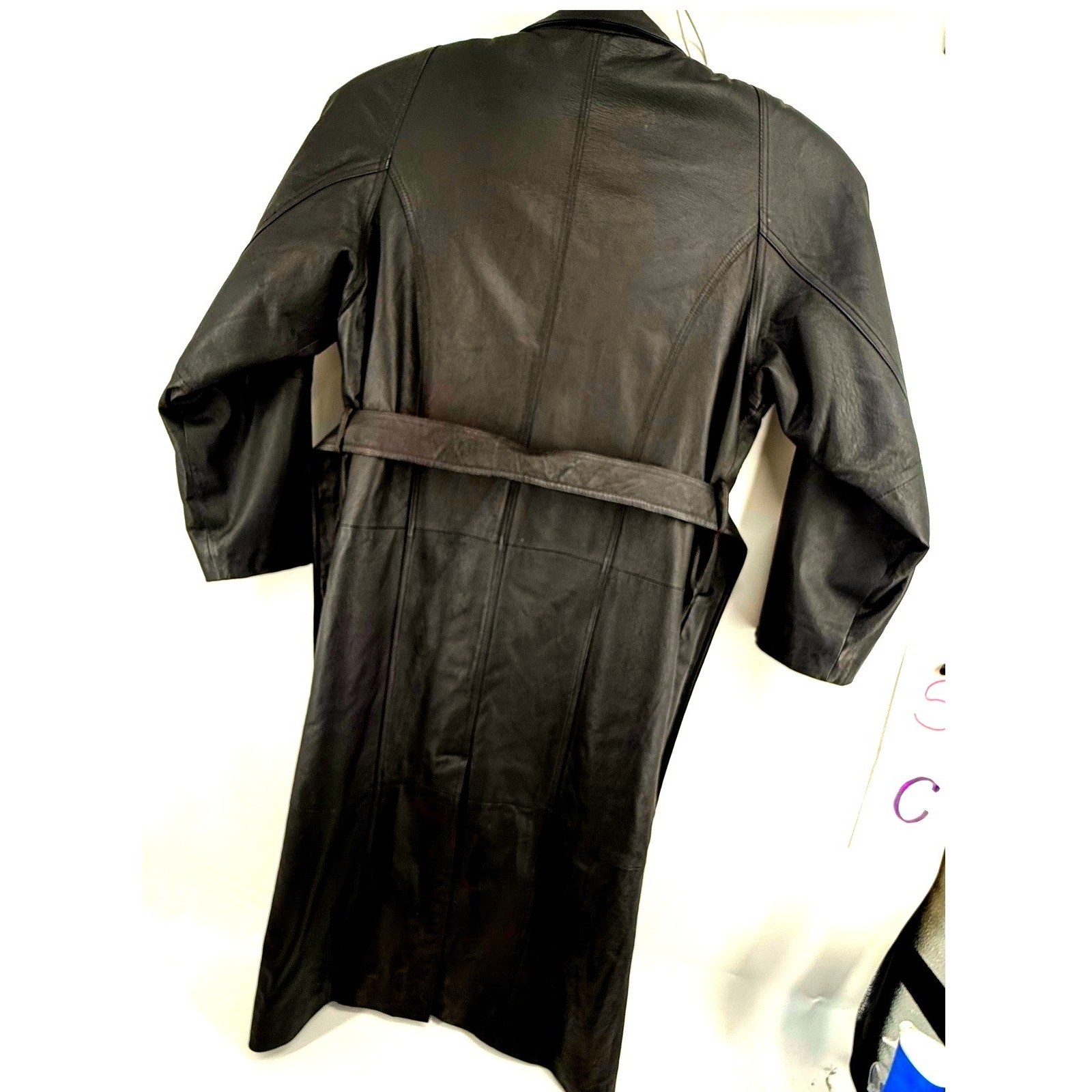 VTG Maurices Trench Coat Medium Women Oversize Leather Belted Black Full Length