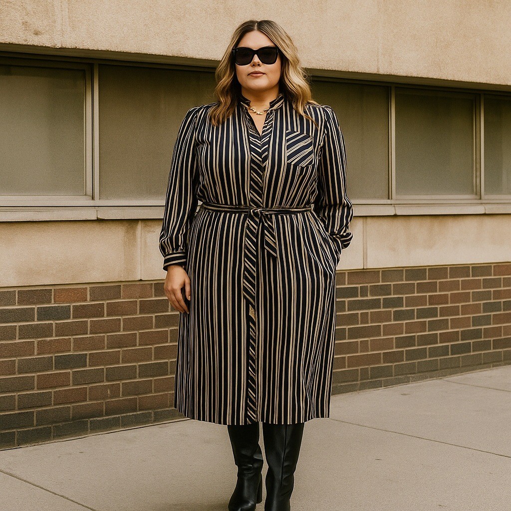 Vintage 70s 80s Schrader Sport Stripe Shirt Dress Navy Beige Belted Midi Korea