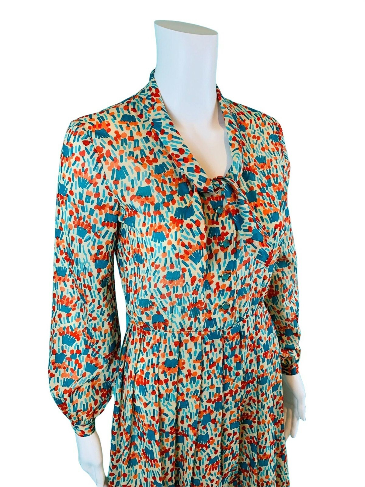 Vintage 1980s Silk Shirtdress Necktie Red Orange Blue Artistic Printed Dress