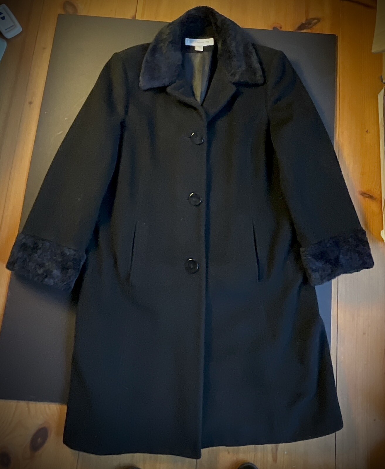 VTG Liz Claiborne Wool Cashmere Nylon Black Woman’s Long Coat Sz16 Neck-Hem 42”
