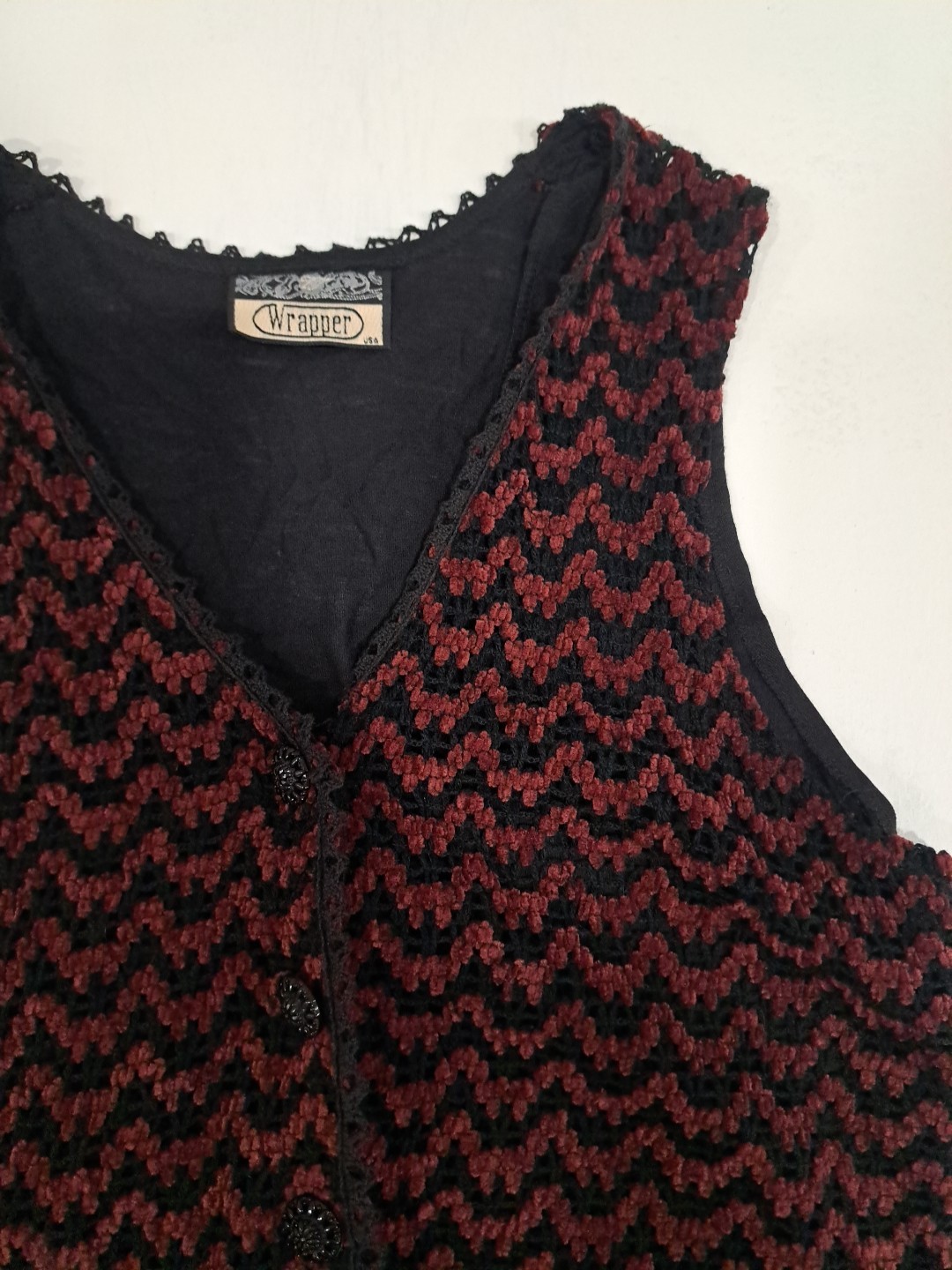 Vtg 90s Womens Knit Vest Whimsigoth Red Black Wrapper USA S/M Tie Back V Neck
