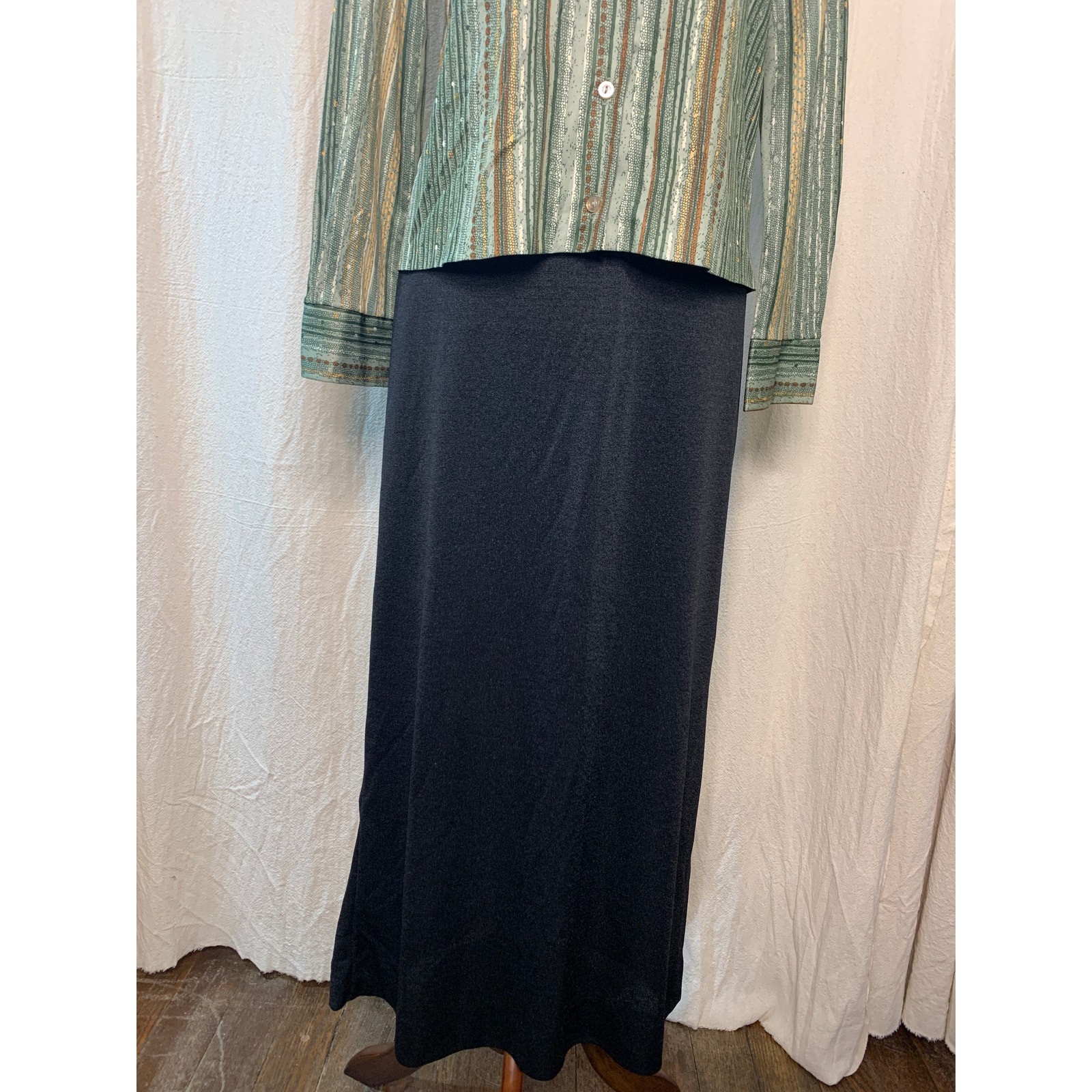 1970s Devon Retro Disco Earth Tones Stripe Dagger Collar Shirt Maxi Skirt Set M