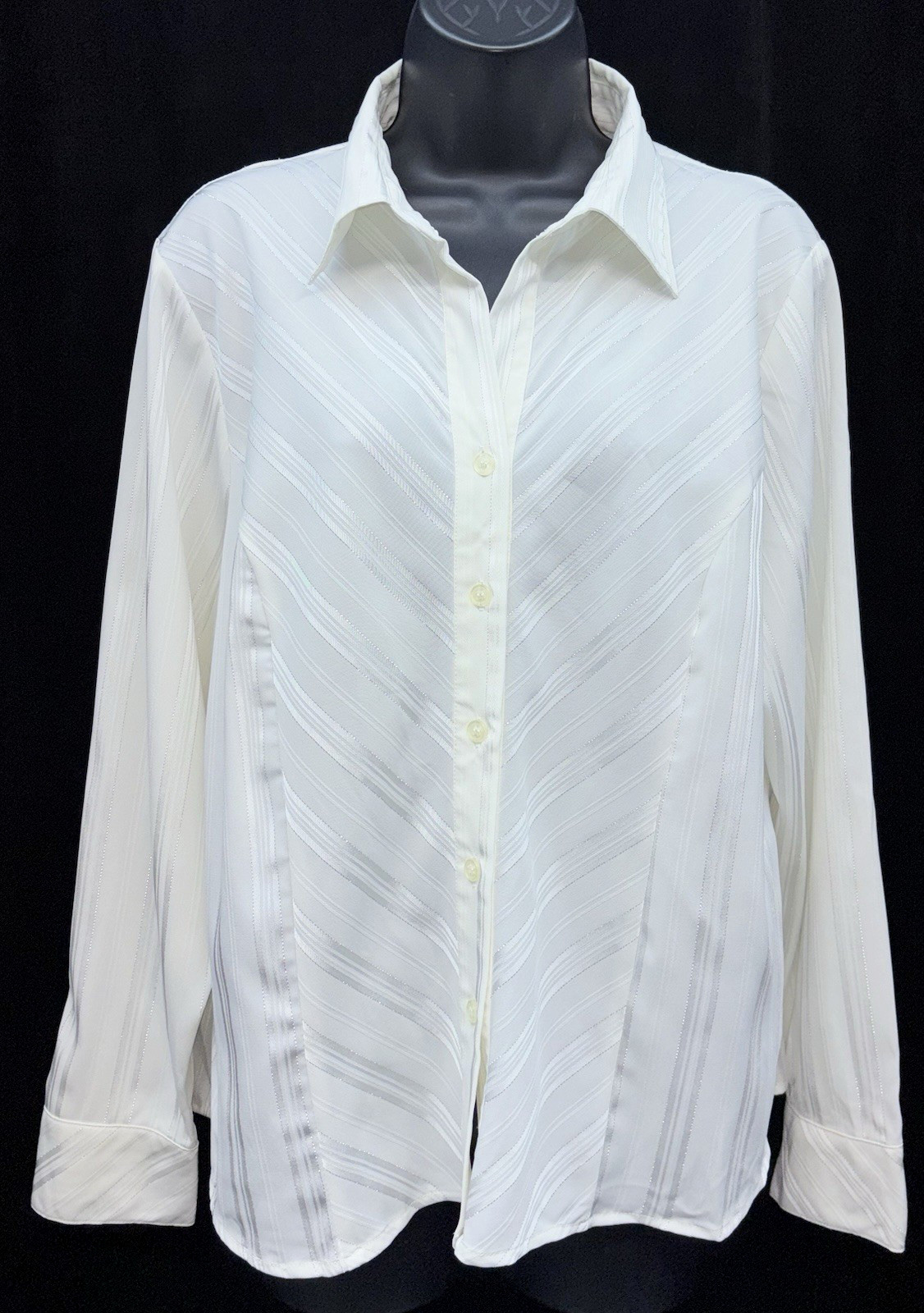 VTG Joanna Women Size PL Button Up Long Sleeve Collar V-Neck Top Silver Striped