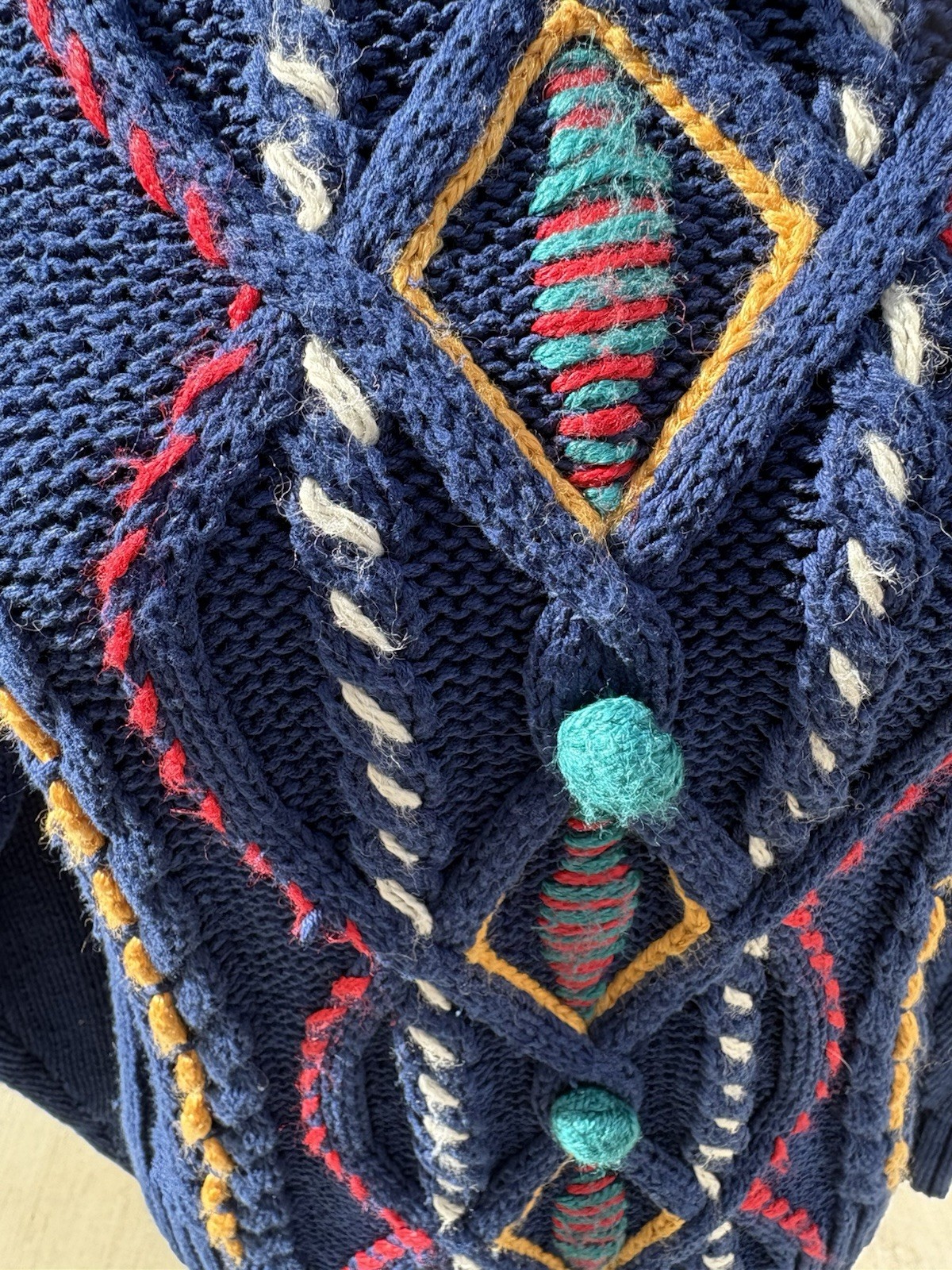 Vintage Mixed blues S Chunky Cable Knit Base W/ Colorful Embroidery POM POM READ