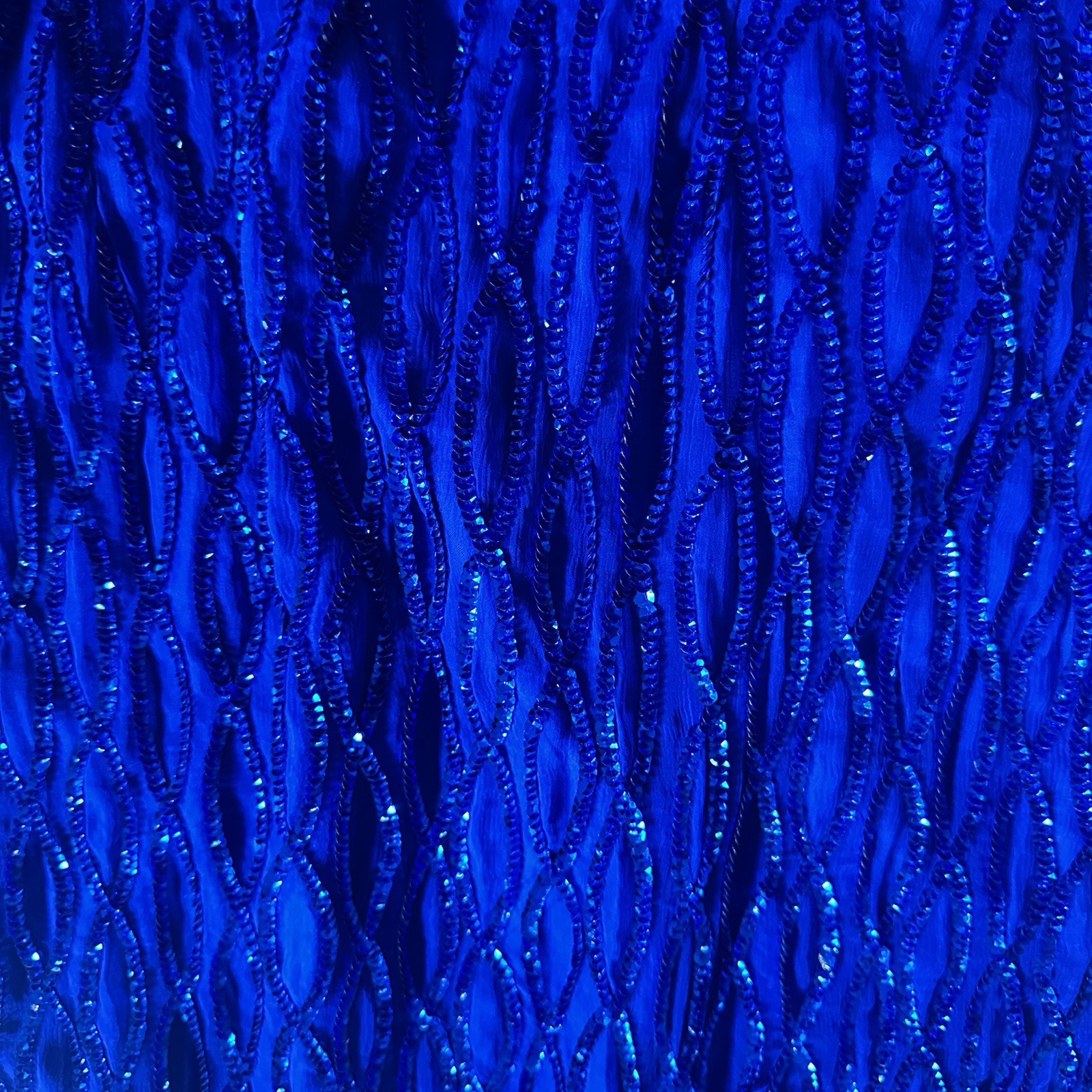 Vintage LAURENCE KAZAR Royal Blue BEADED Sequin Silk HALTER GOWN Long Formal M