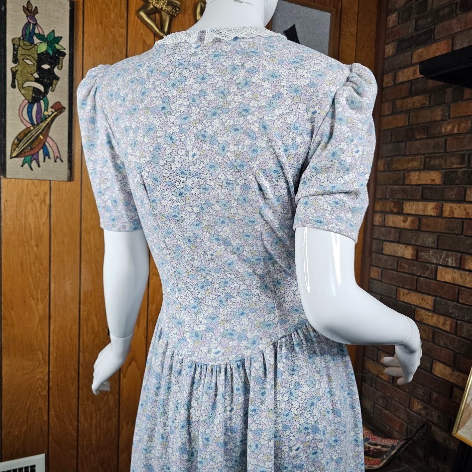 Vtg 80s Victorian Country Floral Puff Drop Waist Cottagecore Prairie Dress M/L