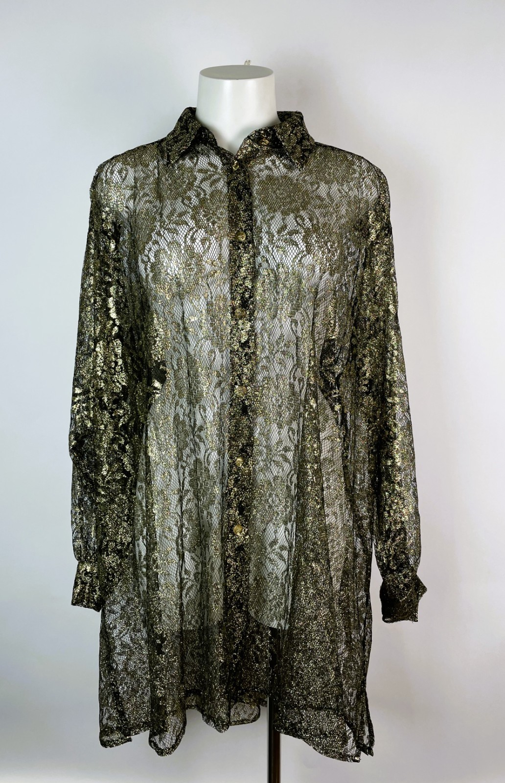 Vintage 80s OVERSIZED I. MAGNIN gold black sheer long sleeve blouse top 2 USA