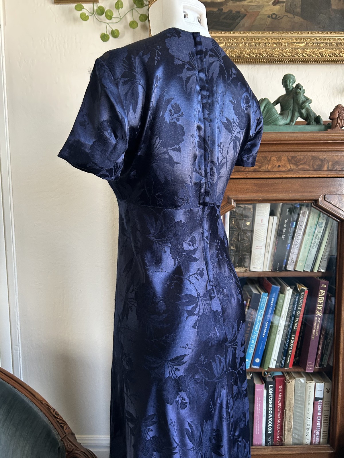Vintage 1990s Deep Blue Satin Floral Maxi Dress Square Neck Bias Cut S 5/6 Y2K