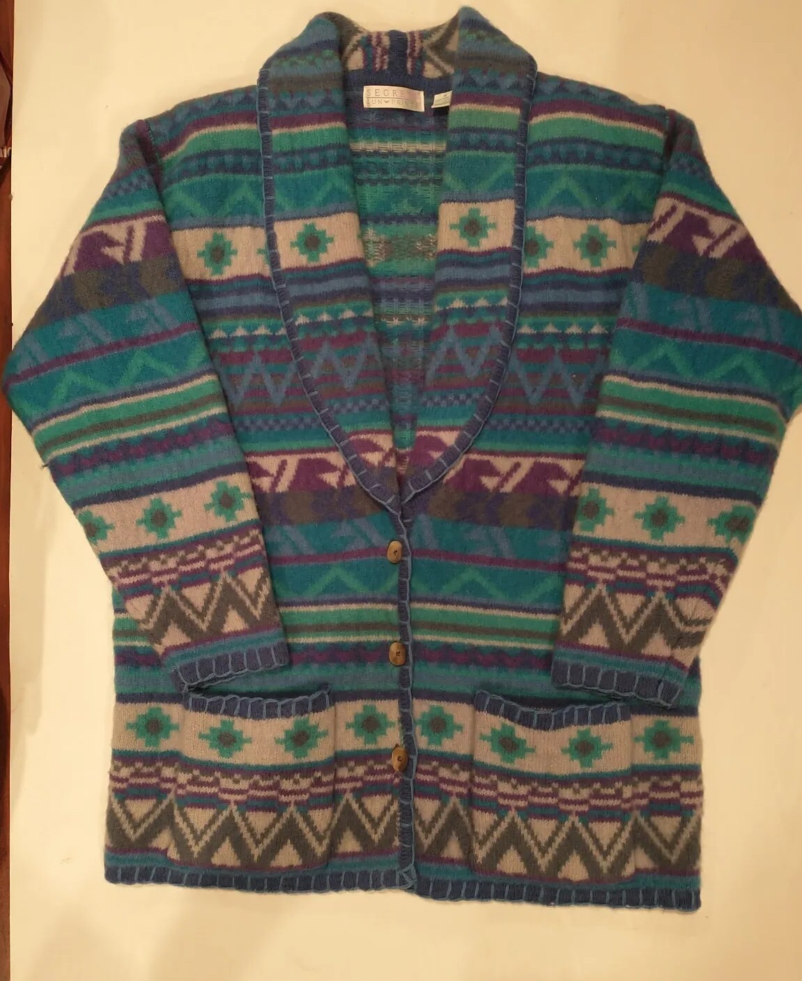 Vintage Segrets Sun Prints 90s Womens Size M Tribal Wool Cardigan Sweater Blue