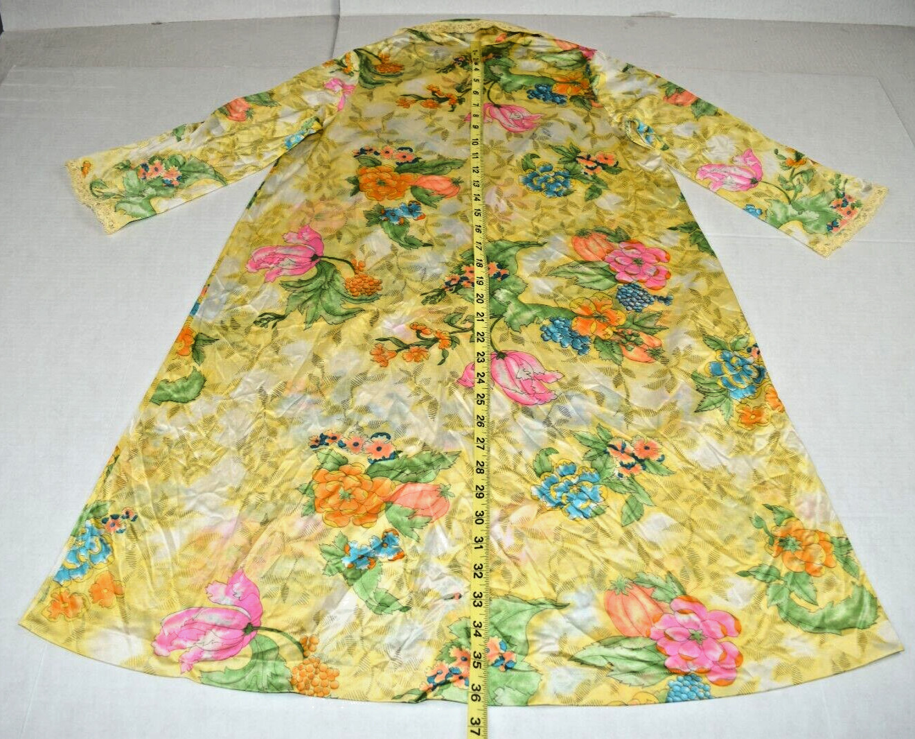 Vintage Nightgown Size S 70s Shimmery Golden Yellow Floral A Line Full Button