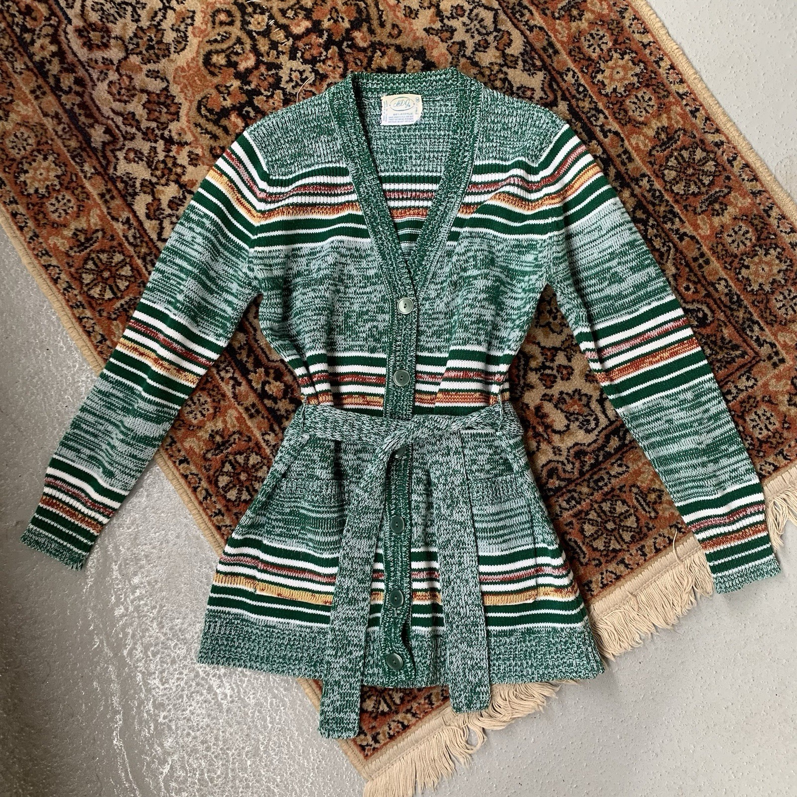 70’s Green Heathered Button Up Cardigan with Waist Tie Size Small