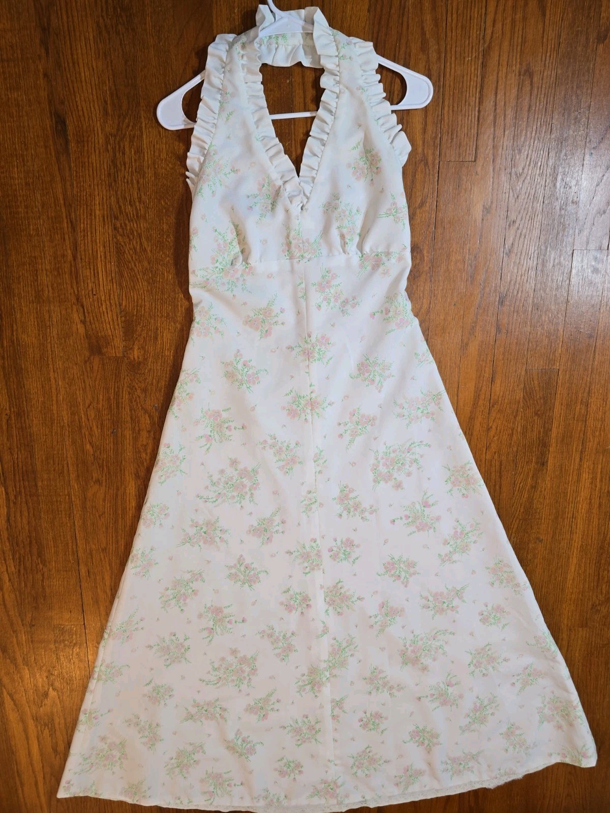 1970s Floral Halter Maxi Dress with Ruffle Trim