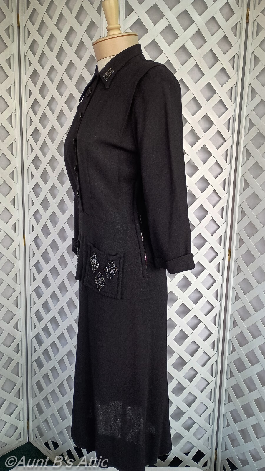Vintage 40’s Black Textured Rayon Crepe W/ Bead Accent Pocketed Peplum Dress S/M