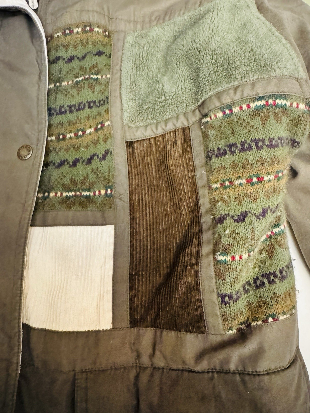 Vintage IZZI Patchwork Corduroy Sweater Olive Green Jacket Large Full Zip Snaps