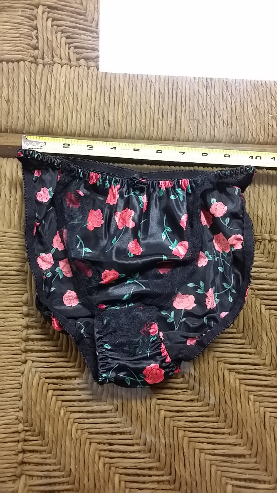 Satin String Bikini Panties, Black, Red Roses, Size 6, EGO, Compare to Joe Boxer