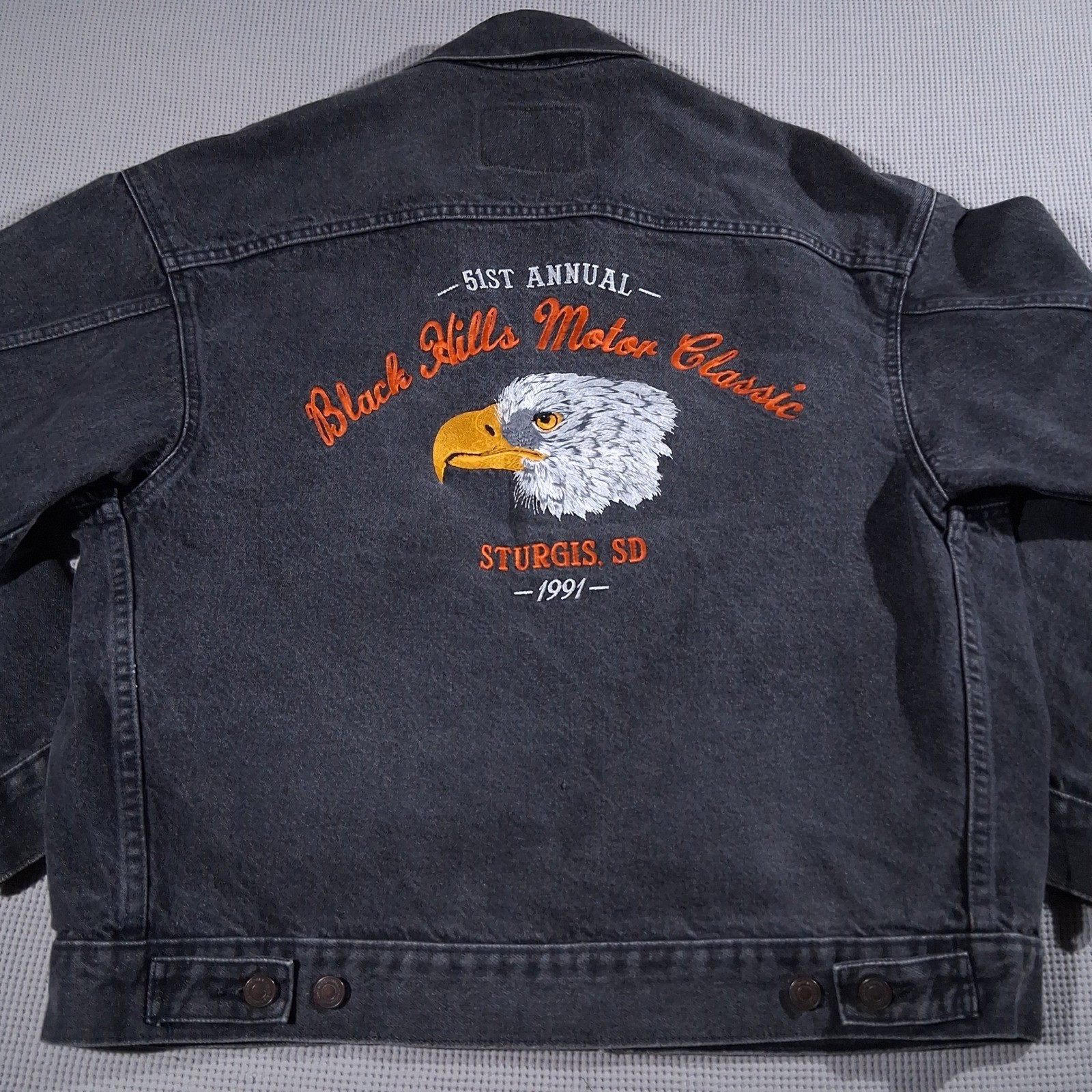 Vintage 1991 Sturgis Black Hills Motor Classic Denim Motorcycle Jacket Black MED