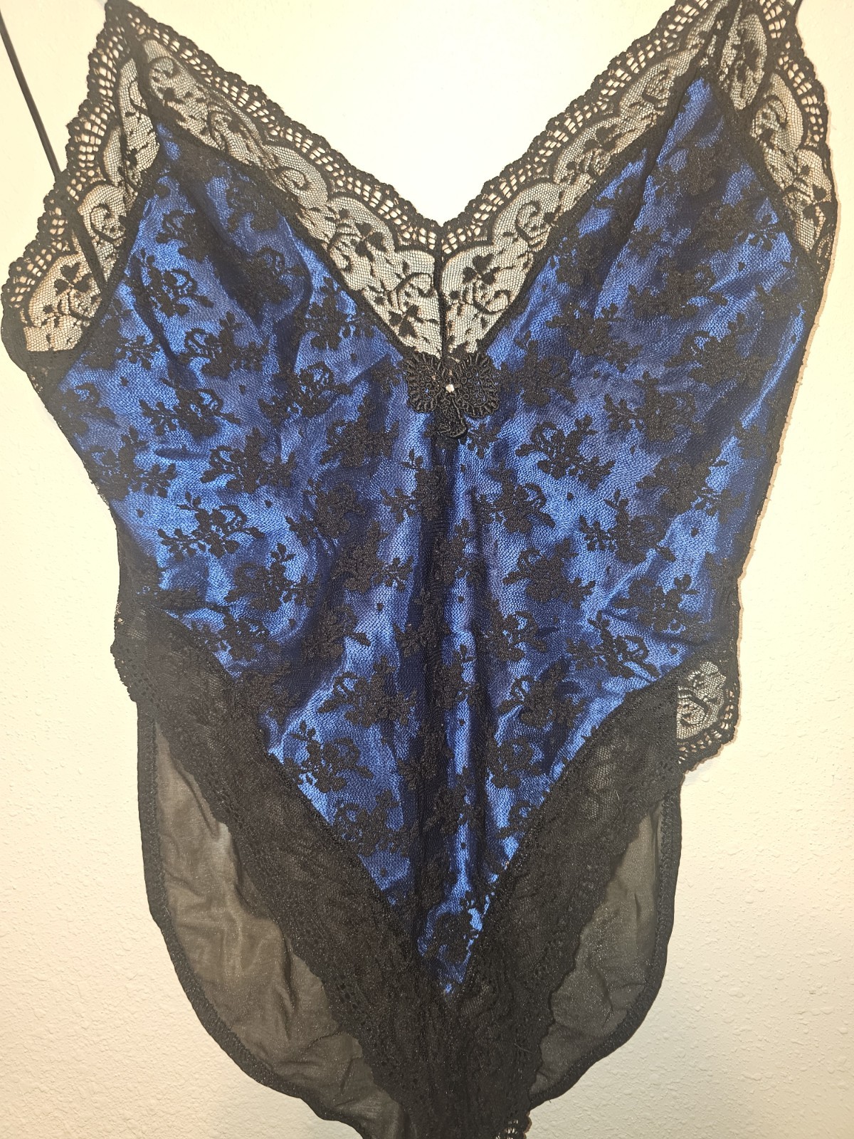 VTG Mara For Amelia’s Lingerie Black Lace Blue Satin Bodysuit Snap Crotch Size L