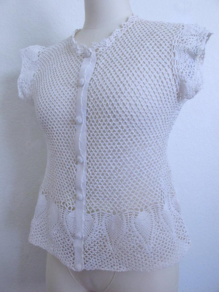 Vintage Hand Crocheted Button Down Cardigan Top S Cotton Openwork Lace Pineapple