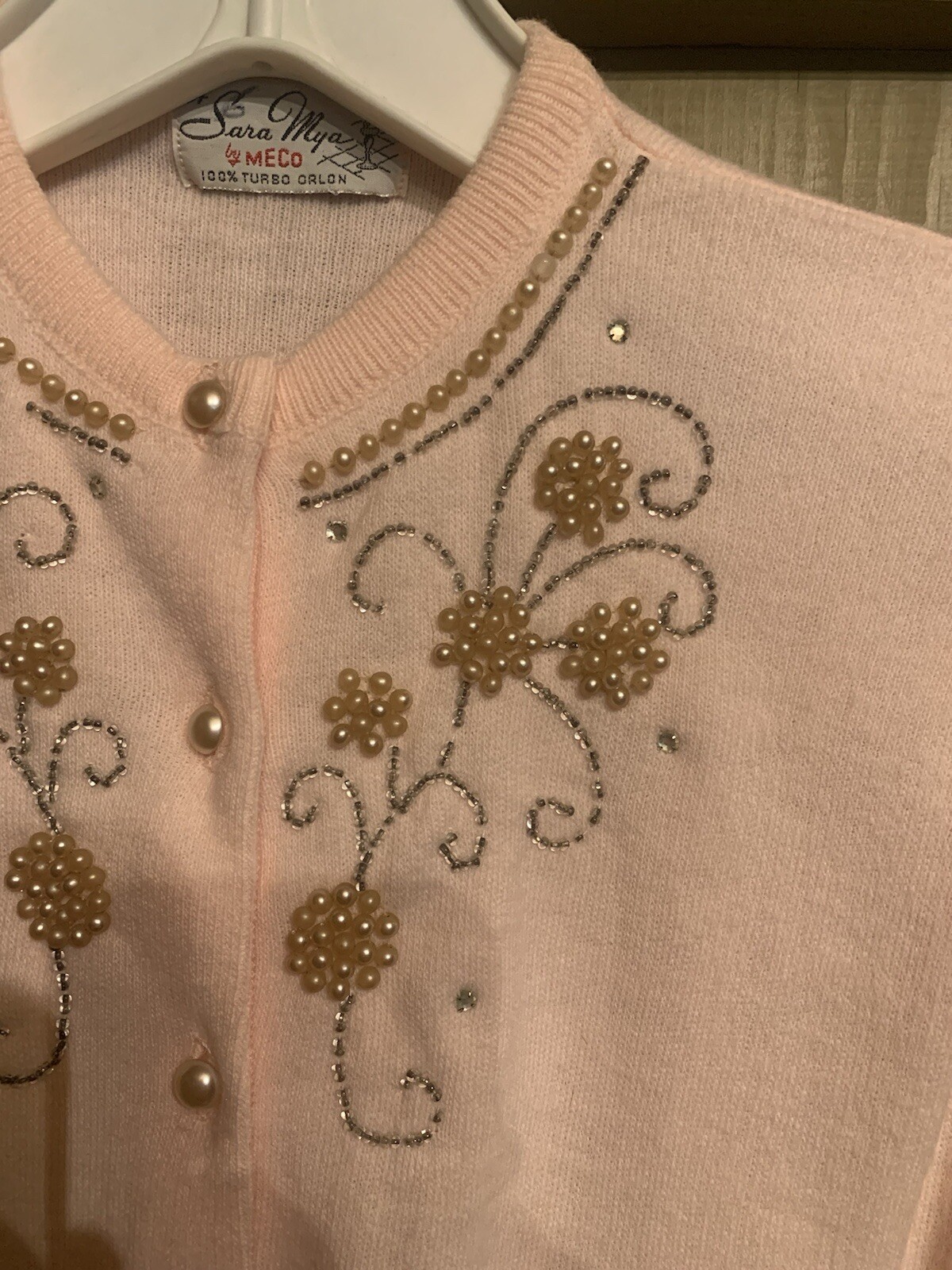 Vintage A Sara Mya By Meco 100% Turbo Orlon 1950’s Pink Embroidered Sweater