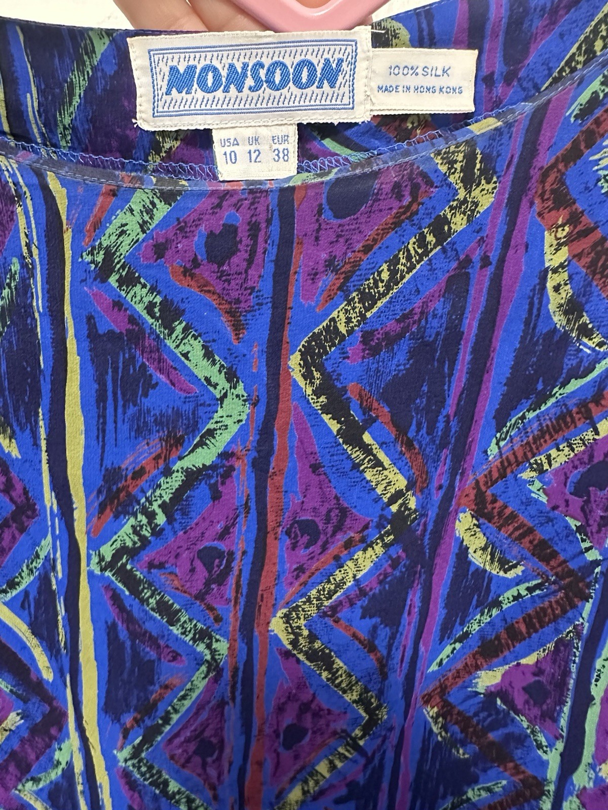 Vintage 80s Monsoon Silk Blouse Abstract Jewel Tone Batwing Dolman Top UK 12 M
