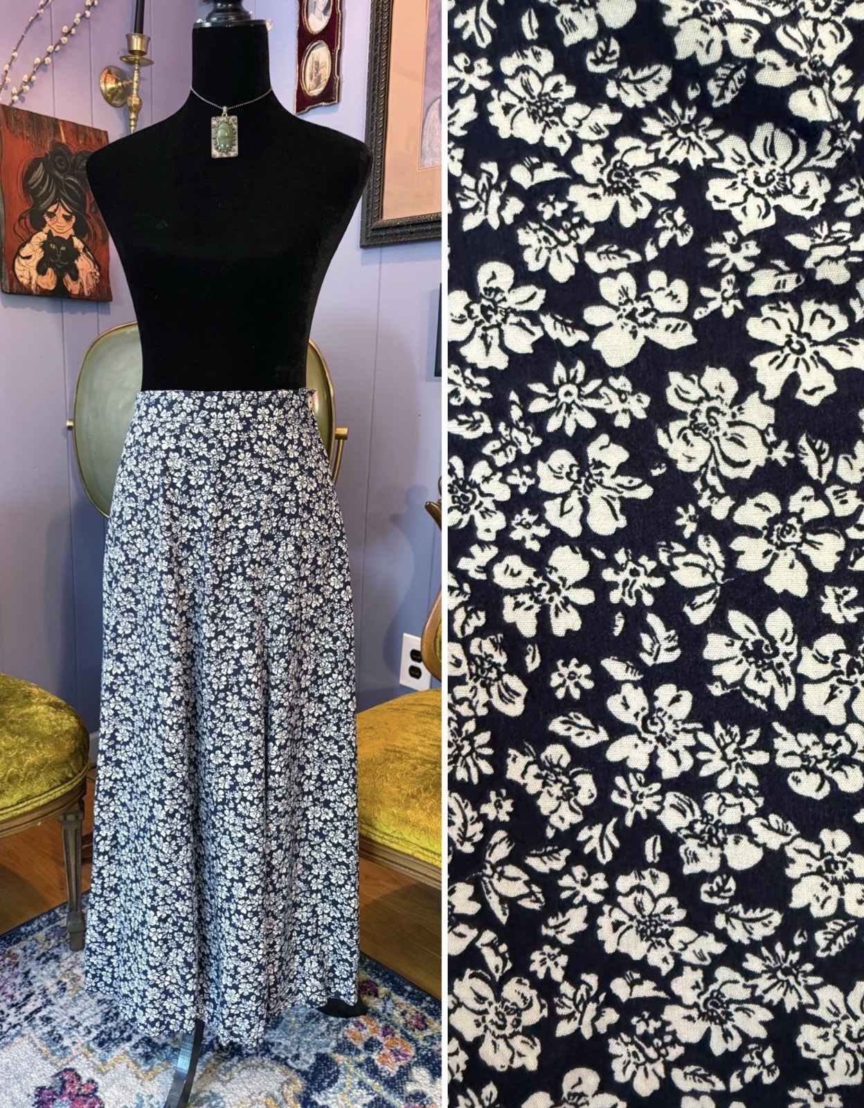 Vintage 90s Liz Sport Ditzy Floral Cottagecore Grunge Rayon Maxi Skirt Size M