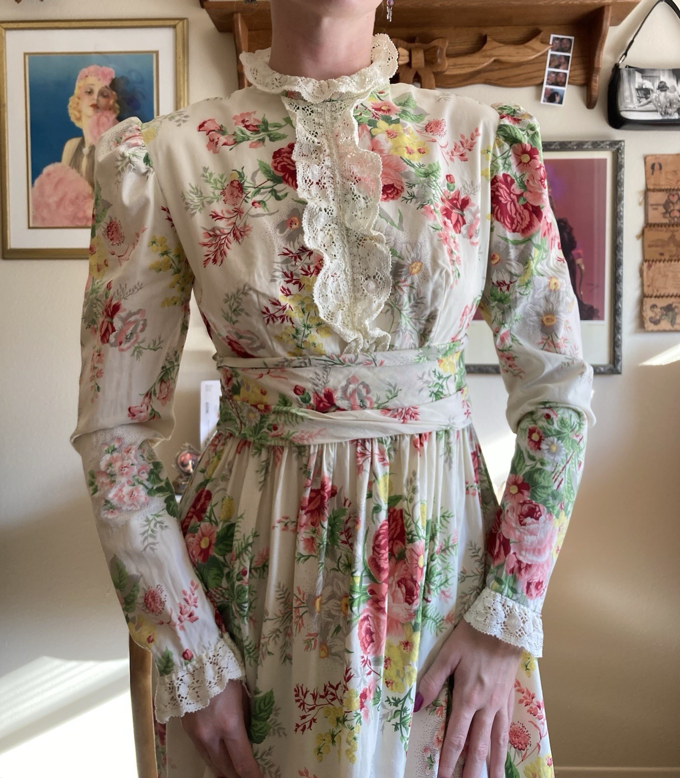 1970s Dreamy Floral Lace & Ruffle Maxi Dress, Bust 34in
