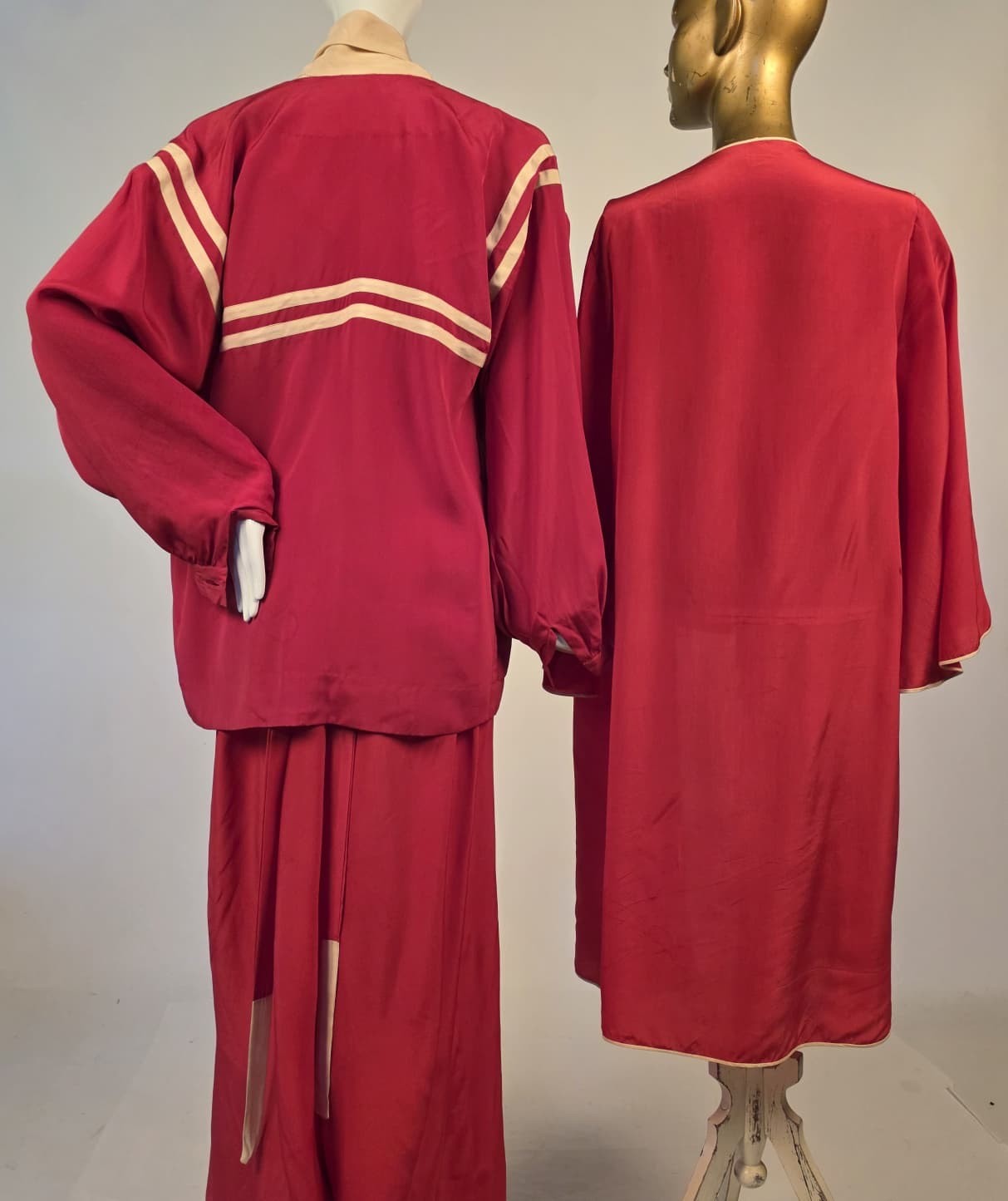 ART DECO 1920’S 4 PC SILK LINGERIE SET W 2 TOPS + ROBE + LOUNGING PANTS