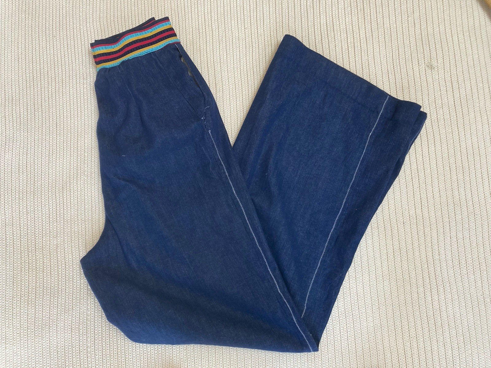 Vtg 1970s Wide Leg Handmade Denim Jeans Elastic Waist Band