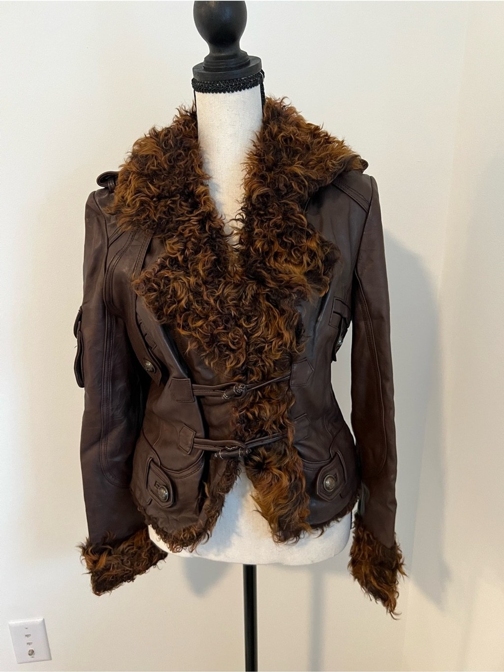 Vintage Brown Genuine Leather Shearling Moto Jacket Fur Collar Toggle Size XS-S